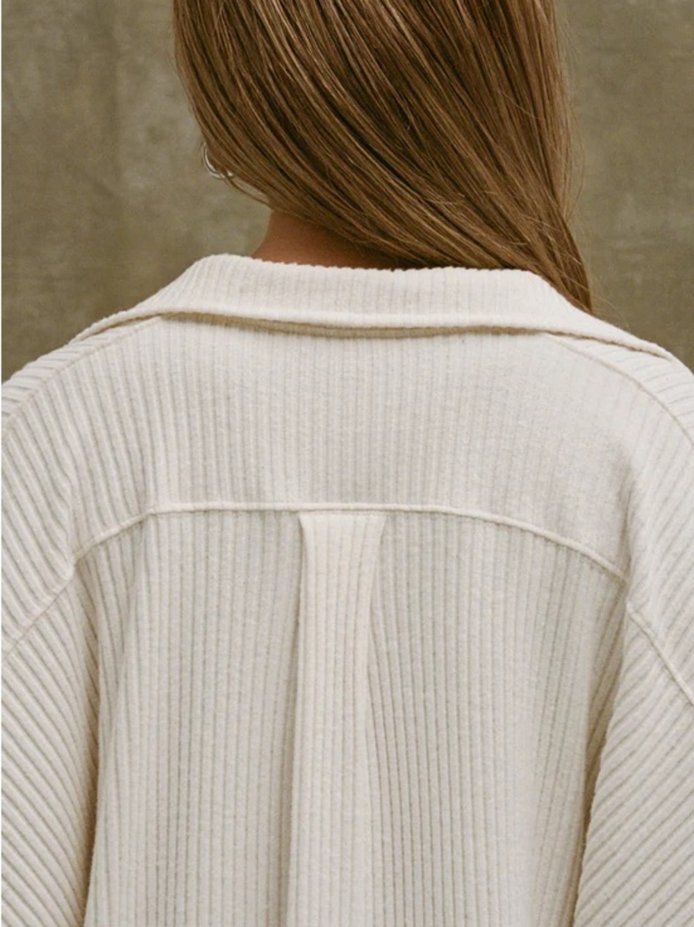 Women’s Cream Ribbed Deep V Collared Pullover Top - Picture 6 of 8